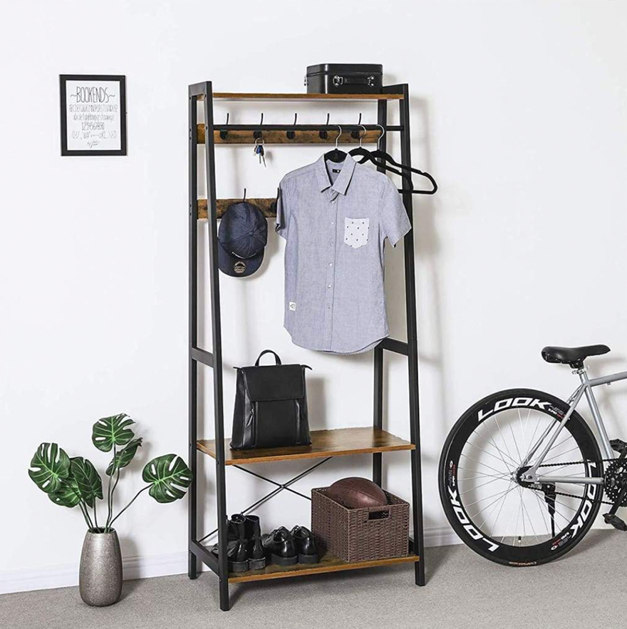 Iron Framed Coat Rack with Two Storage Shelves