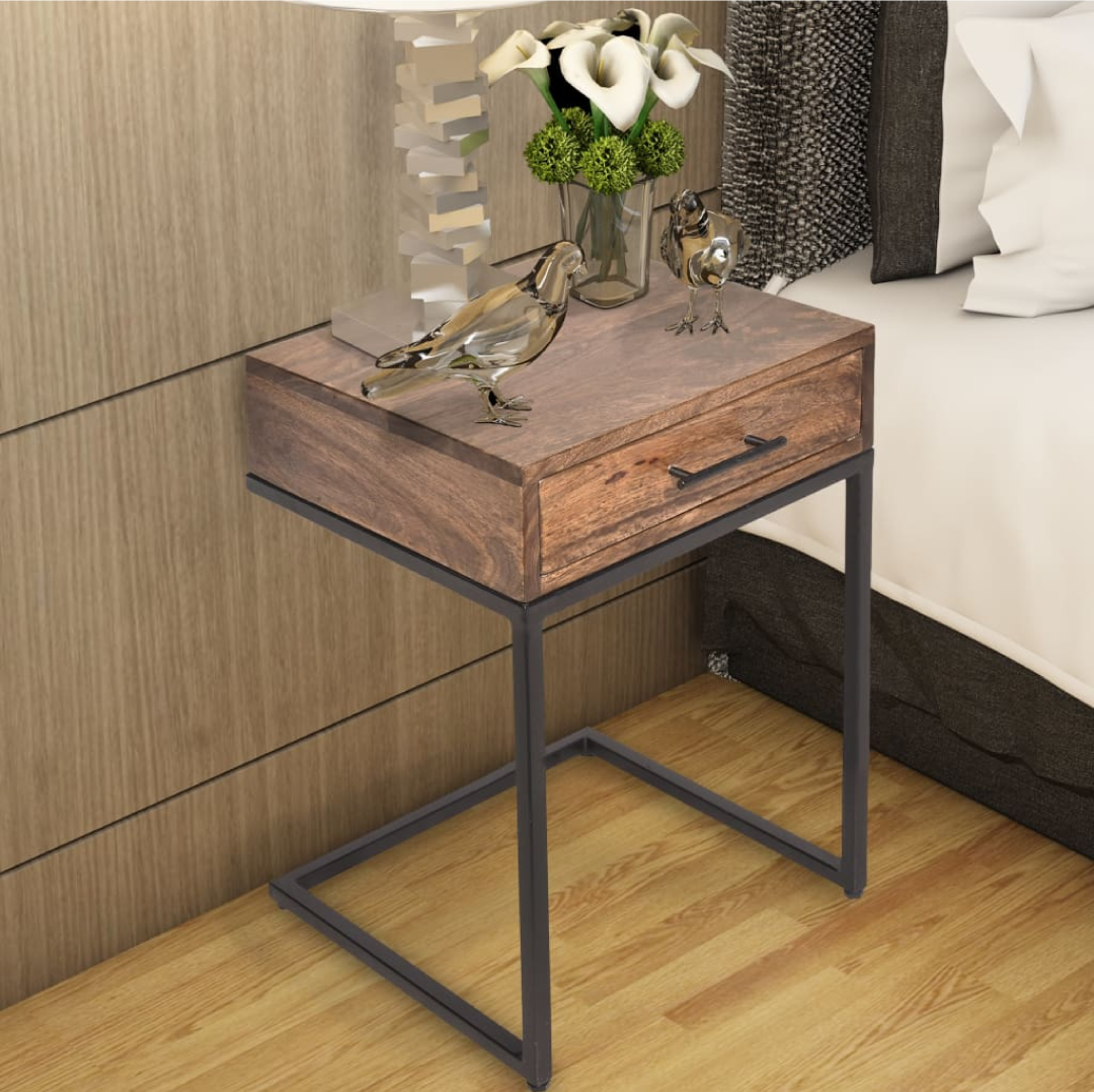 Mango Wood Side Table with Drawer and Cantilever Iron Base
