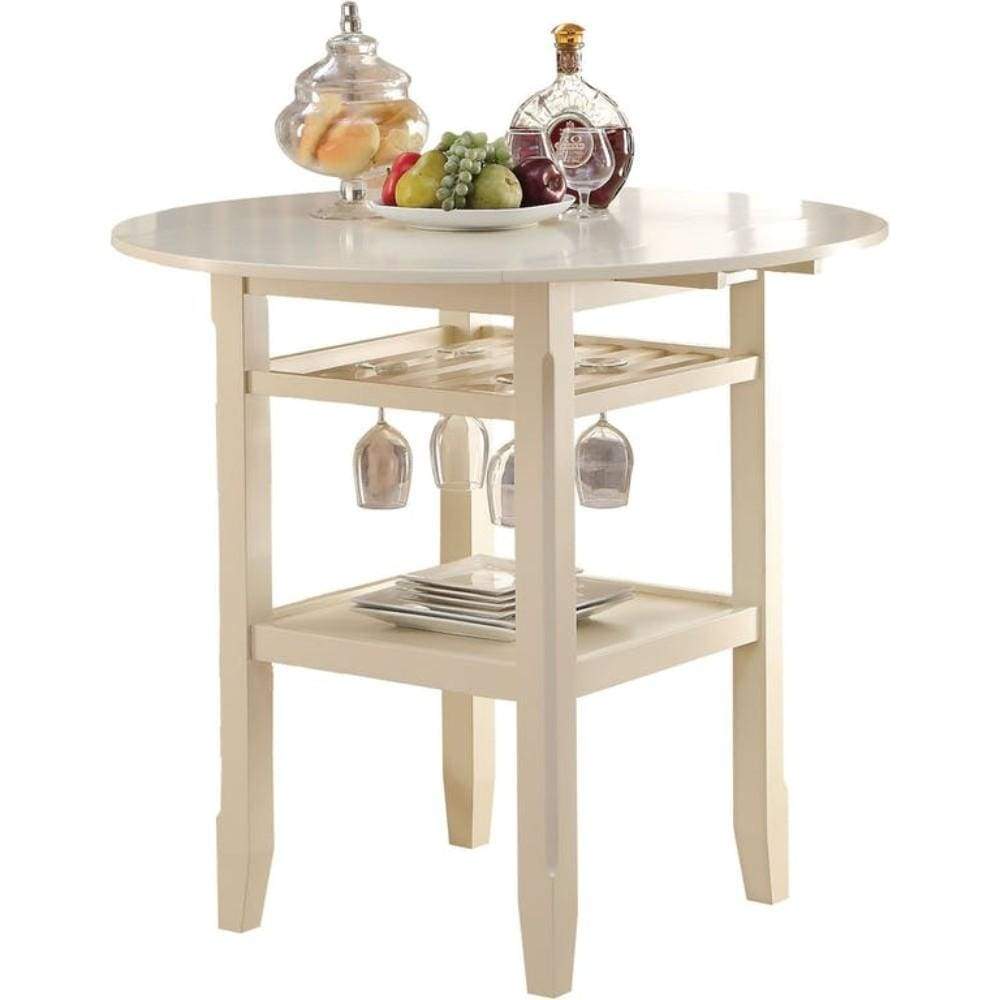 Round Wooden Counter Height Table With Wine Glass Shelf, Cream - Acme