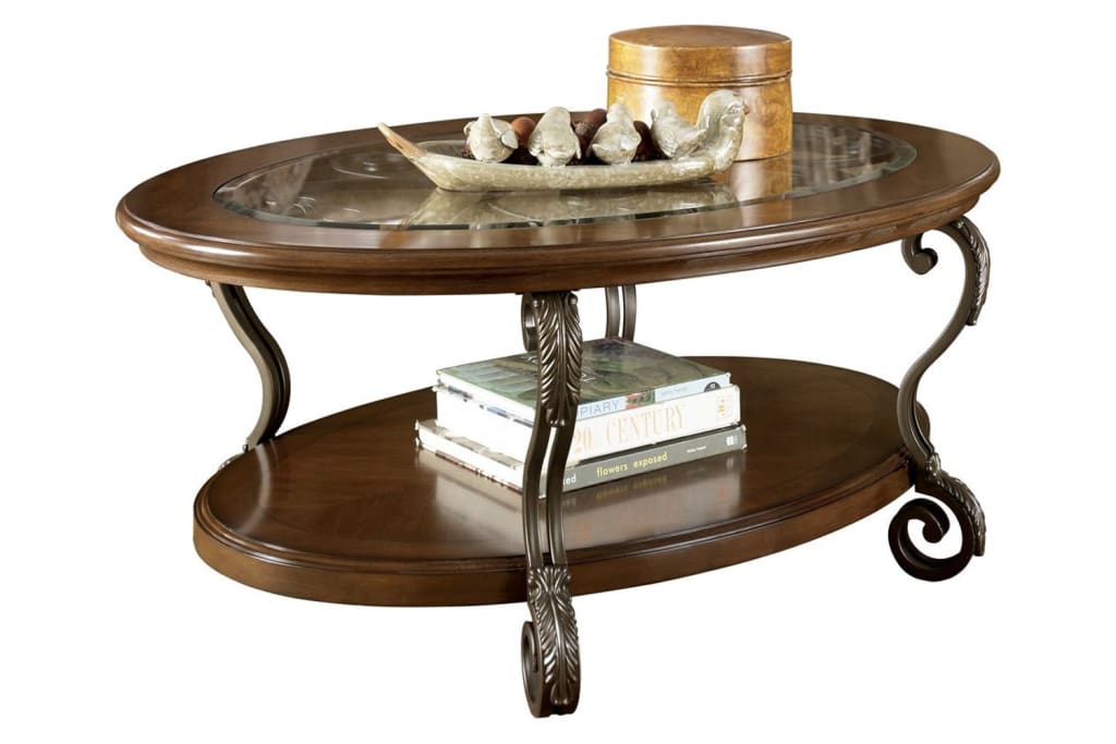 47" Oval Glass Top Cocktail Table with Bottom Shelf, Brown By Casagear Home