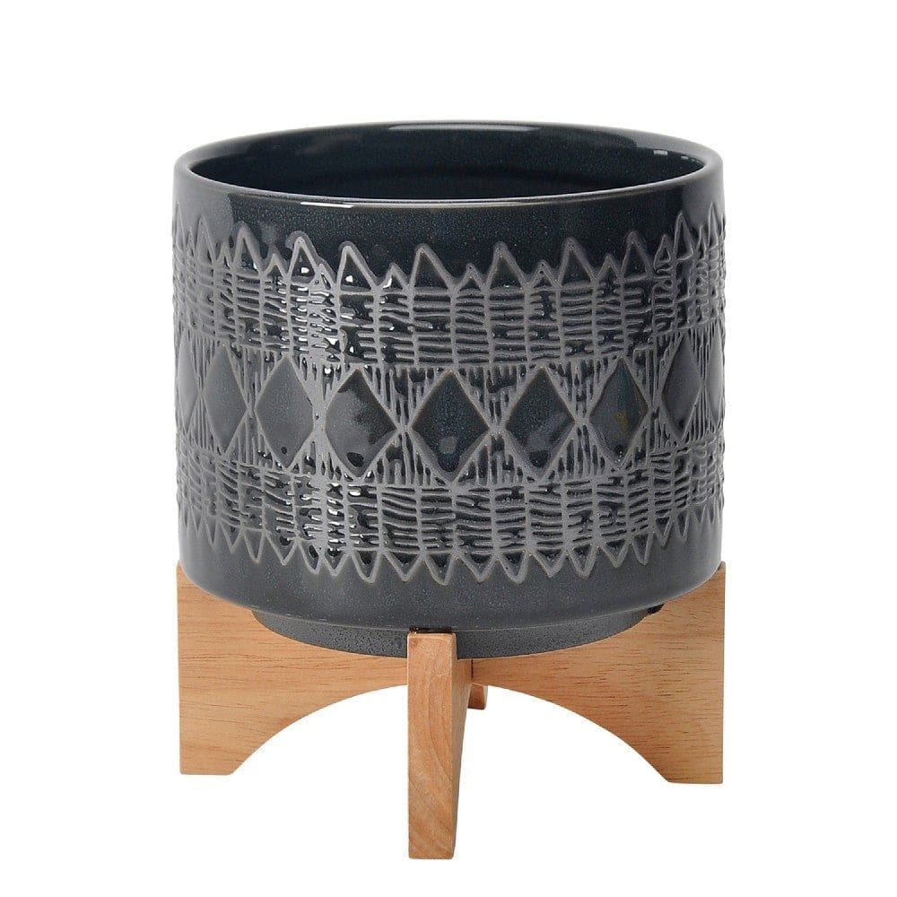 Planter with Wooden Stand and Native Design, Large, Black By Casagear Home