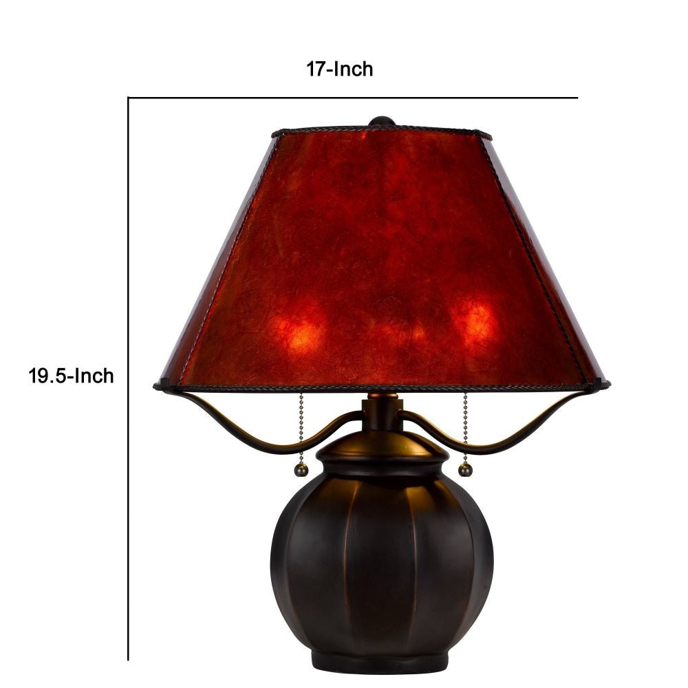 20 Inch Table Lamp, Vintage Red Amber Mica Shade, Upturned Arms, Round Body  By Casagear Home