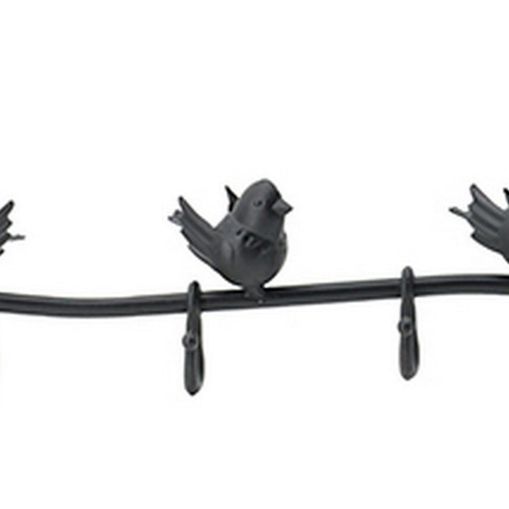 38 Inch Wall Hooks, Perched Birds, 8 Coat Hooks, Black Iron, Vintage Style  By Casagear Home