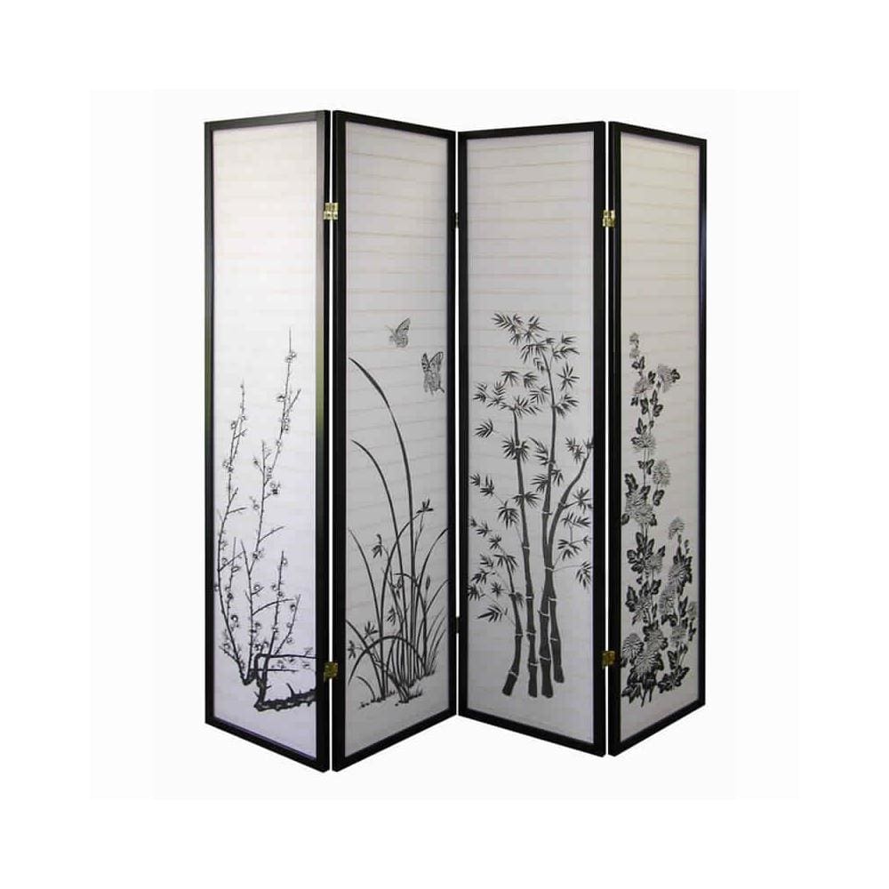 Naturistic Print Wood And Paper 4 Panel Room Divider, White And Black By Casagear Home