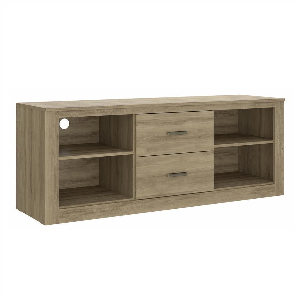 59 Inch Wooden TV Stand with 2 Drawers and 4 Open Compartments, Oak Brown By The Urban Port