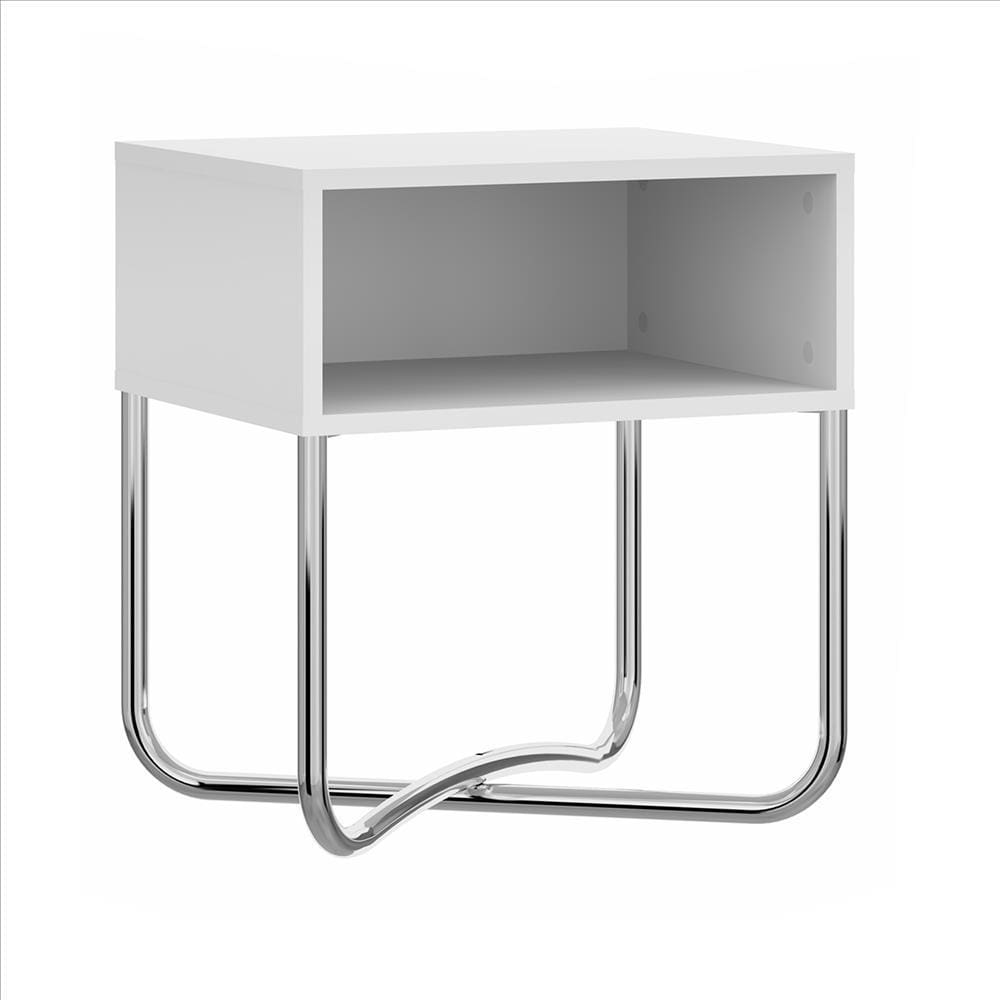 Bedside Nightstand with Open Compartment and Tubular Metal Base, White and Chrome By The Urban Port