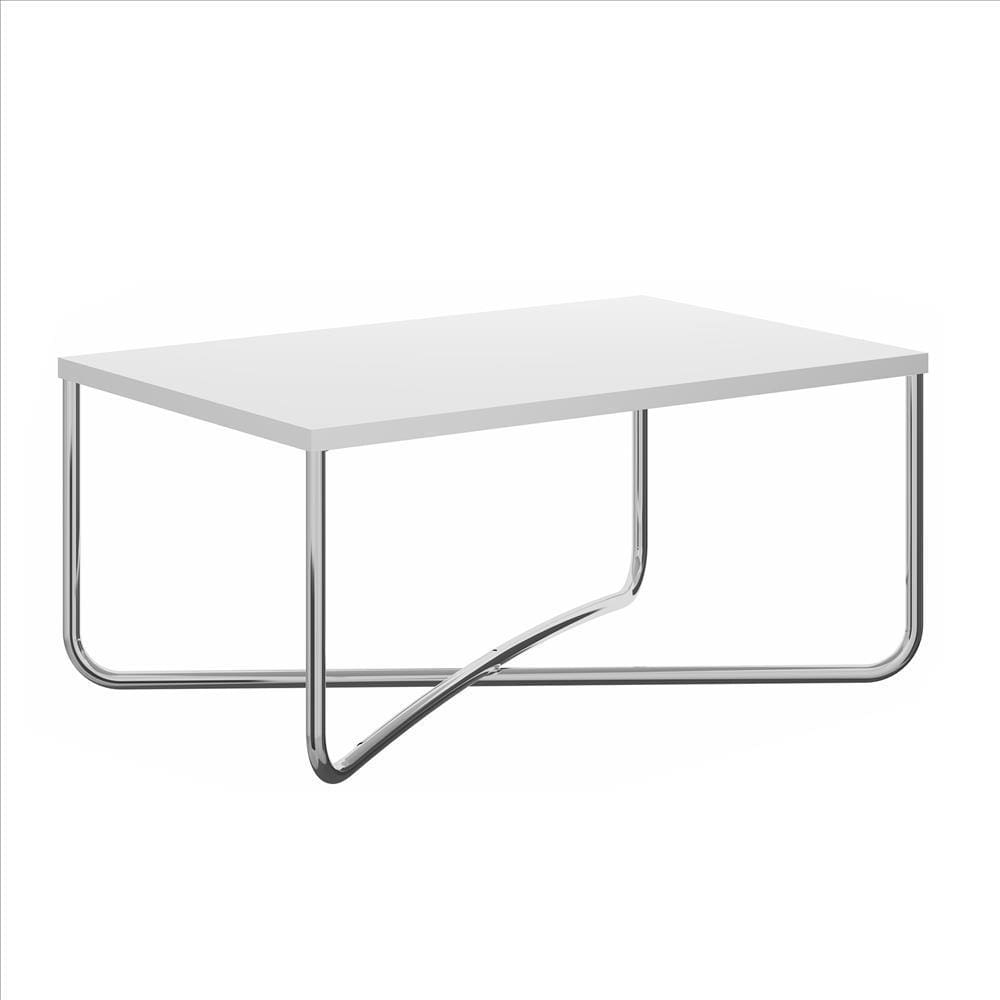 Coffee Table with Rectangular Top and X Base, White and Chrome By The Urban Port