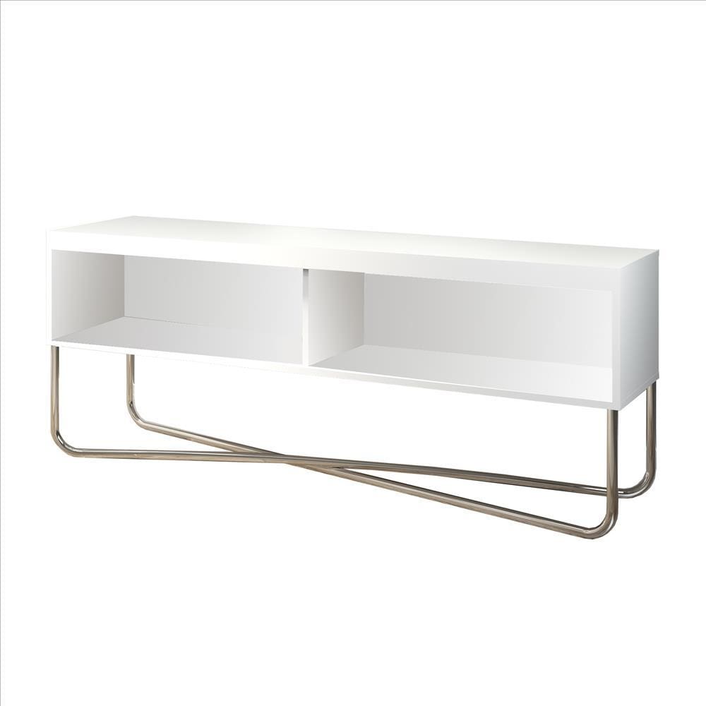 53 Inch TV Stand with 2 Open Compartments and Tubular Metal Frame, White and Chrome By The Urban Port