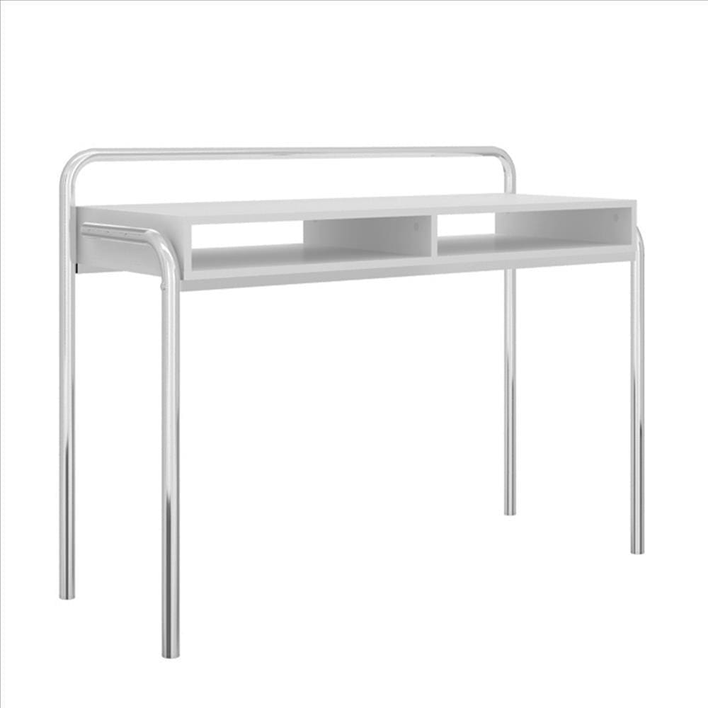 Office Desk with 2 Compartments and Tubular Metal Frame, White and Chrome By The Urban Port