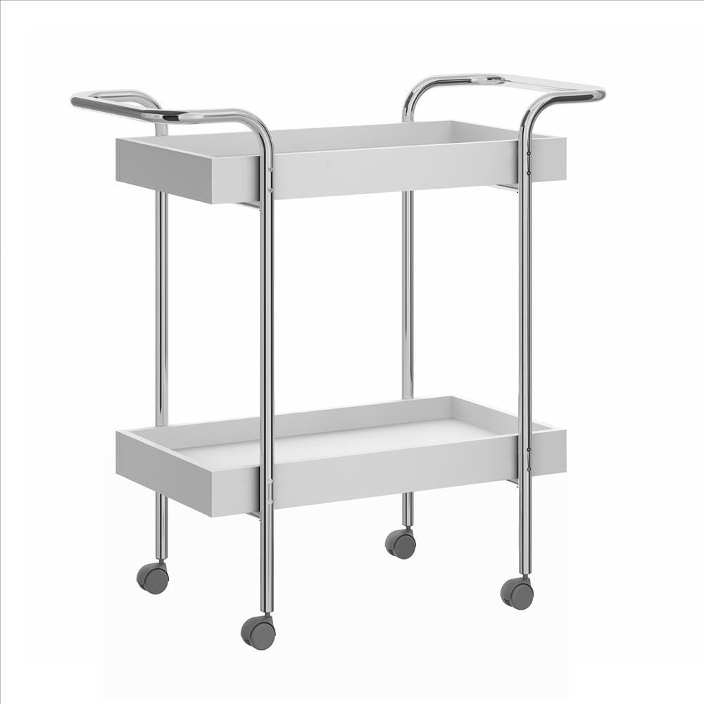 Storage Cart with 2 Tier Design and Metal Frame, White and Chrome By The Urban Port