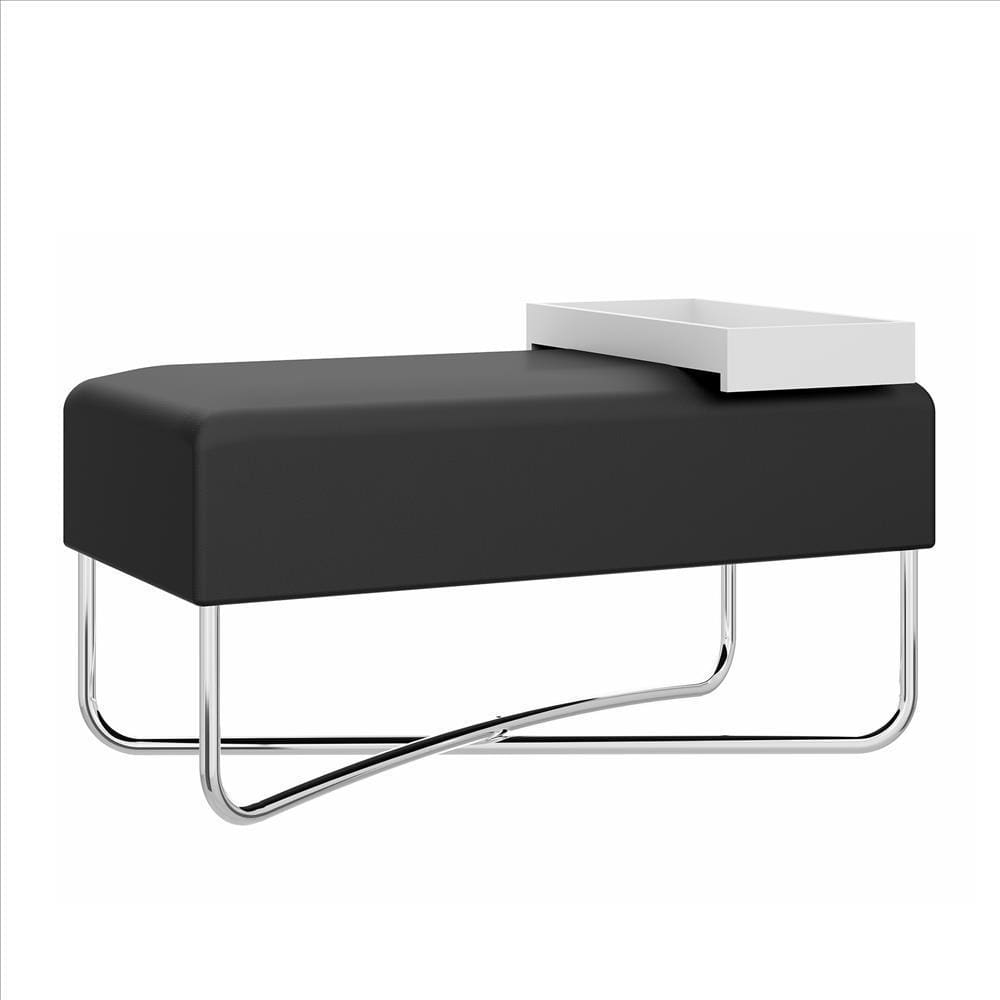 Pouffe with Rectangular Fabric Seat and Inbuilt Wooden Tray, Black and White By The Urban Port