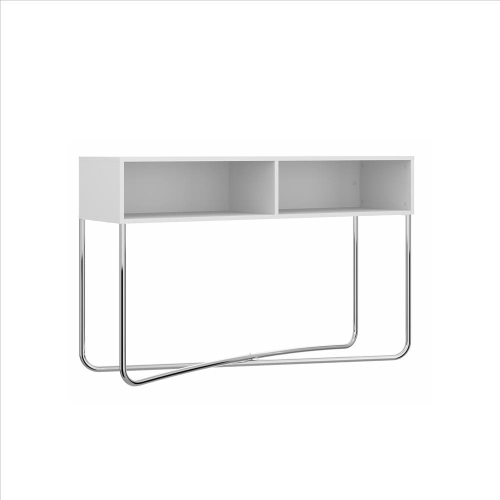 Wooden Console Table with 2 Open Compartments and Metal Frame, White and Chrome By The Urban Port