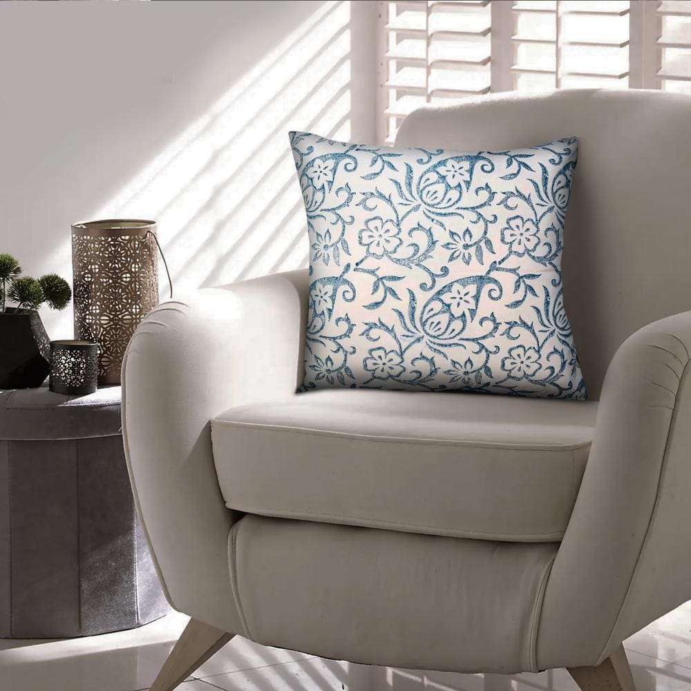 18 x 18 Square Accent Throw Pillow, Damask Print, Soft Polyester Filler, Cream, Blue