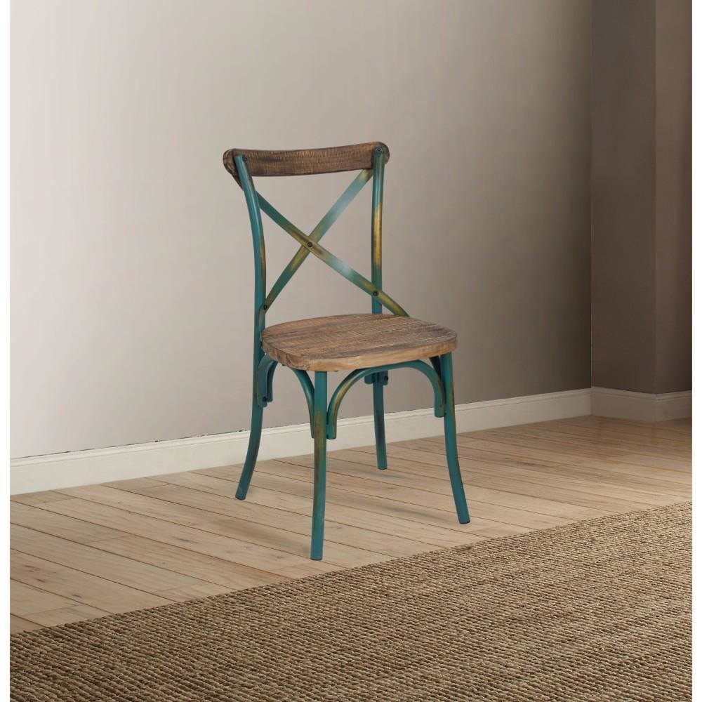 Industrial Style Wooden And Metal Frame Side Chair, Brown And Turquoise - Acme