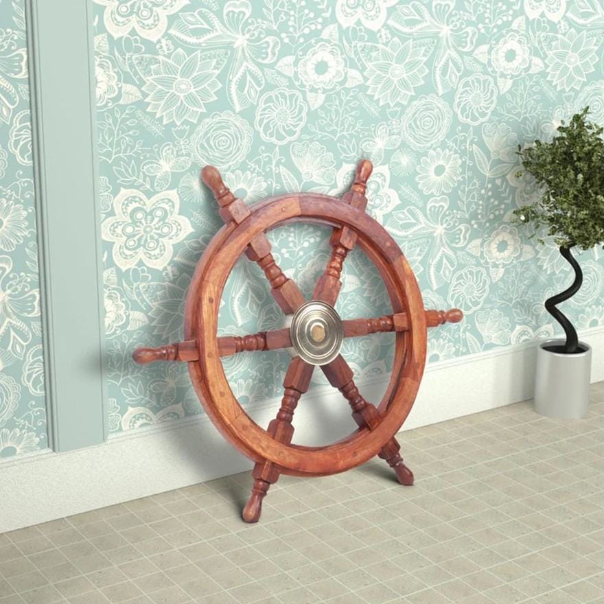 Teak Wood Ship Wheel with Brass Inset and Six Spokes