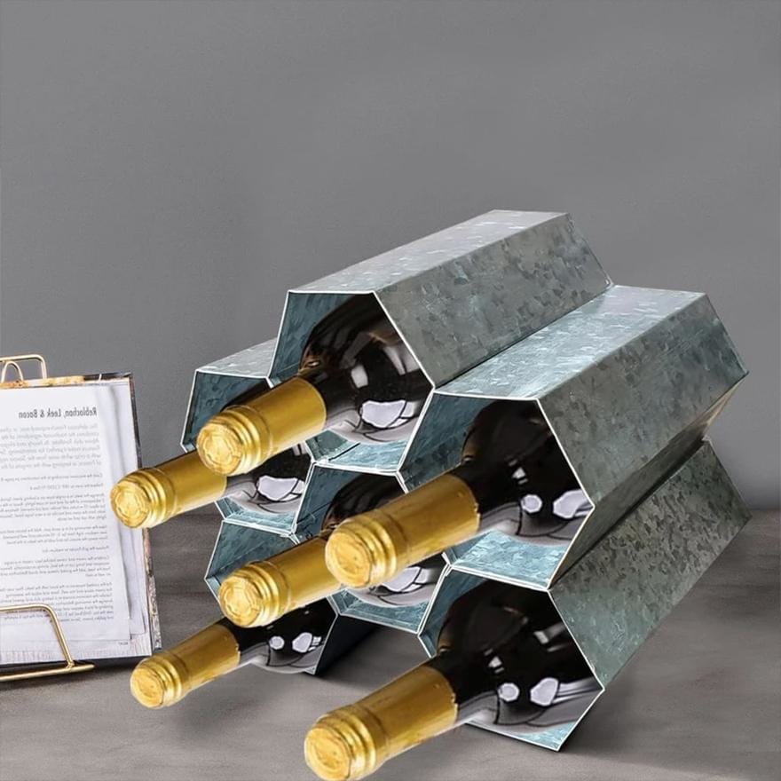 Galvanized Metal Tabletop Wine Rack with 6 Honeycomb Design Bottle Storage