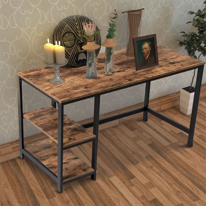 Industrial 55 Inch Wood and Metal Desk with 2 Shelves