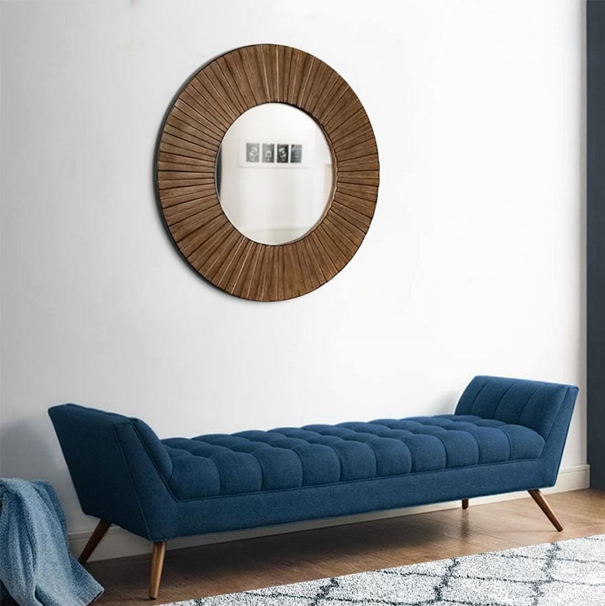 Round Mirror with Sunburst Design Wooden Frame