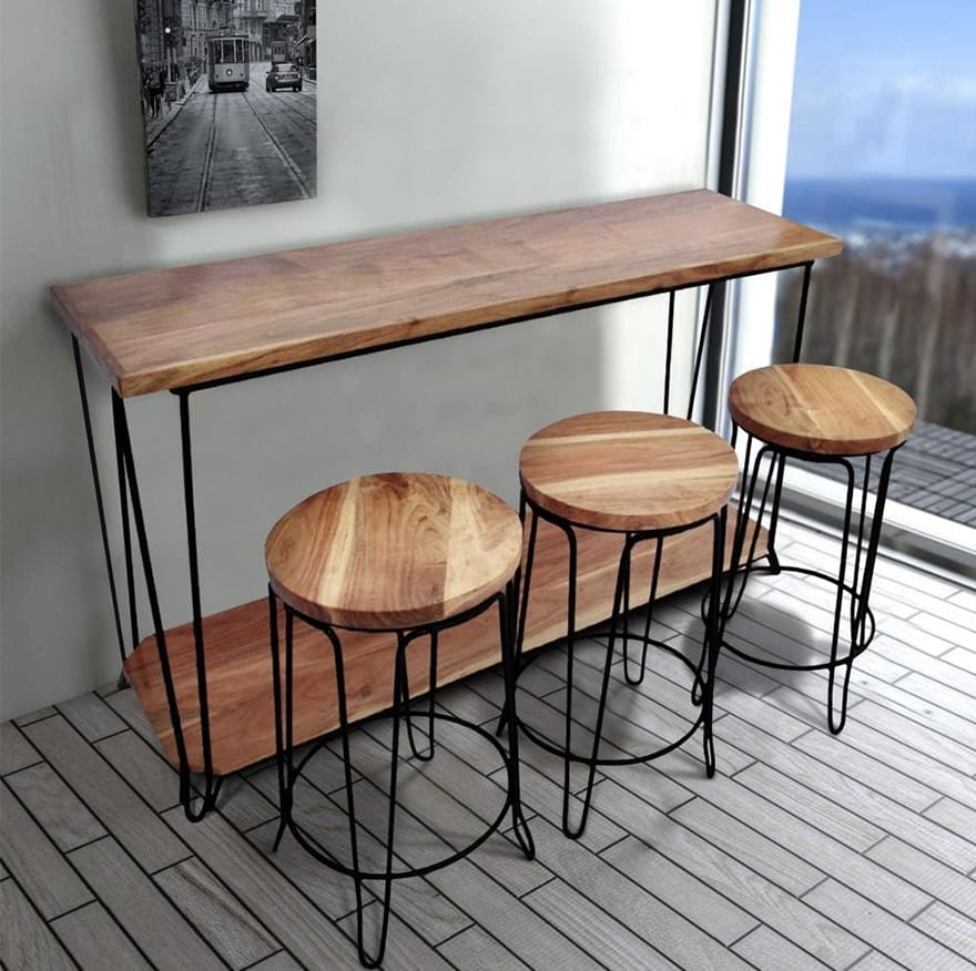 Rectangular Bar Dining Table With 3 Round Stools