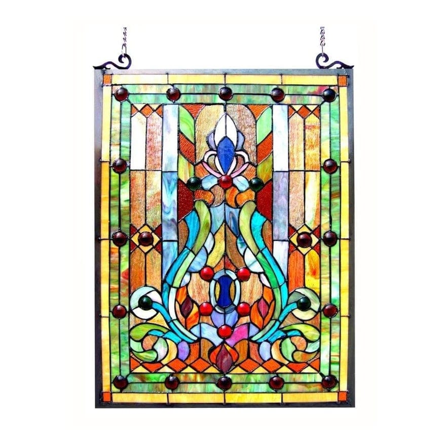 Geometric and Scrolled Tiffany Glass Window Panel