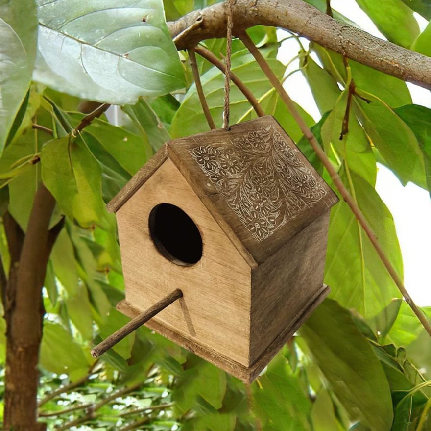 Hut Shape Mango Wood Engraved Hanging Bird House