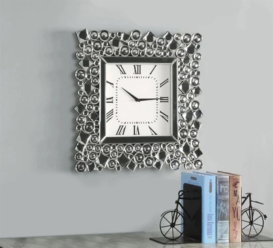 Wood and Mirror Wall Clock with Glass Crystal Gems