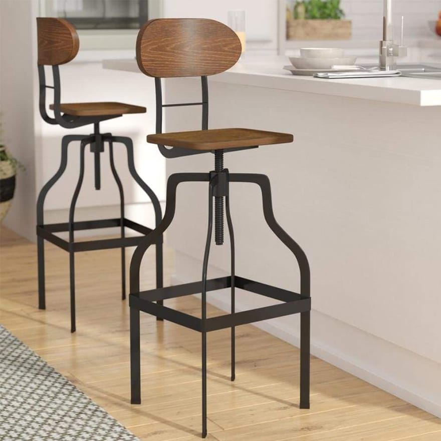 Industrial Style Wooden Swivel Bar Stool With Black Metal Base