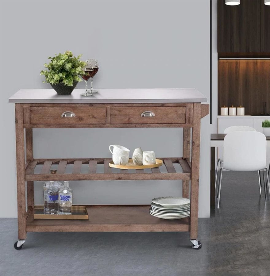 2 Drawers Wooden Kitchen Cart with Metal Top and Casters