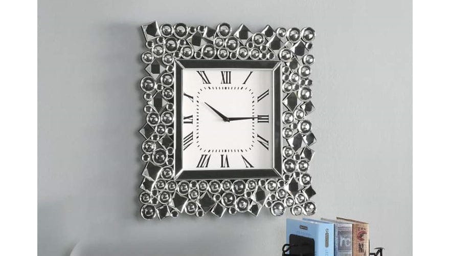 Wood and Mirror Wall Clock with Glass Crystal Gems