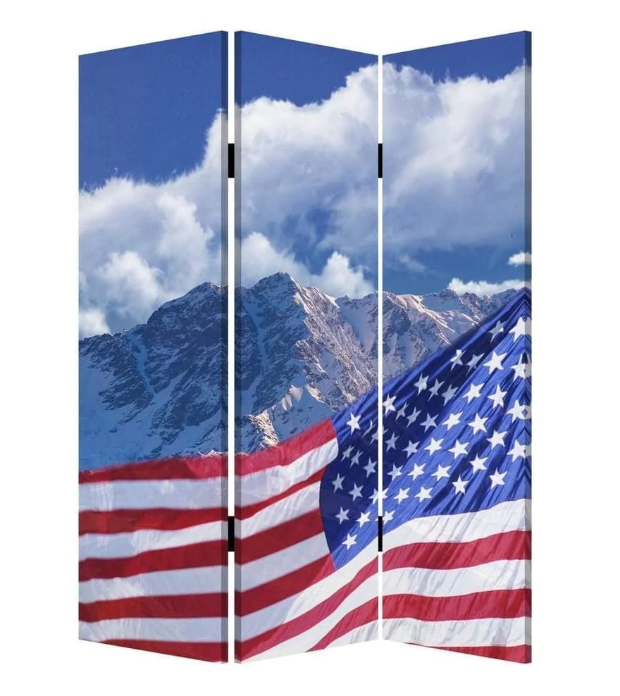 American Flag Printed Wood and Canvas 3 Panel Screen