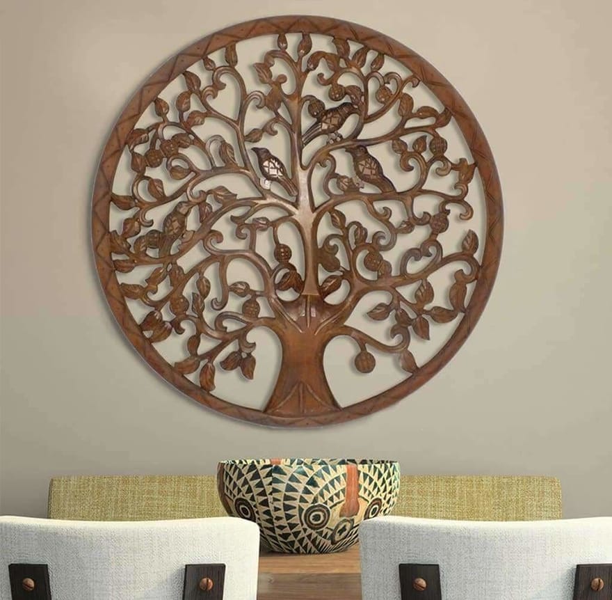 Circular Mango Wood Wall Panel with Cutout Tree and Bird Carvings