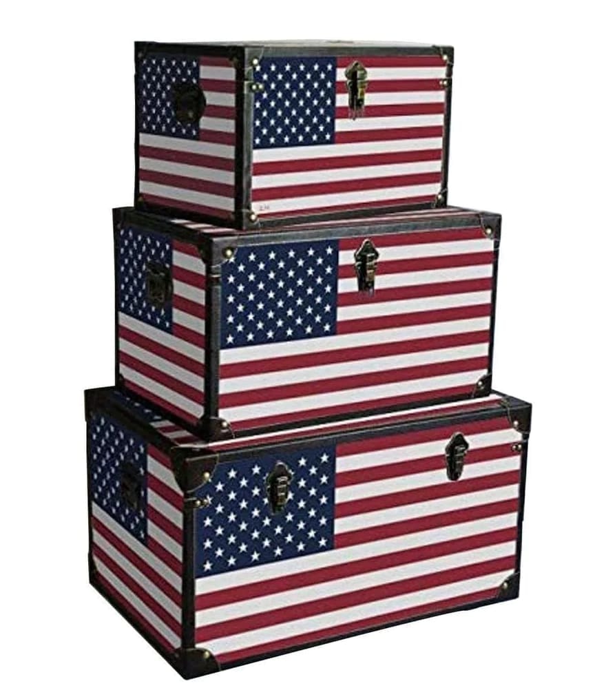 Wooden Trunks with US Flag Print and Metal Corner Accent