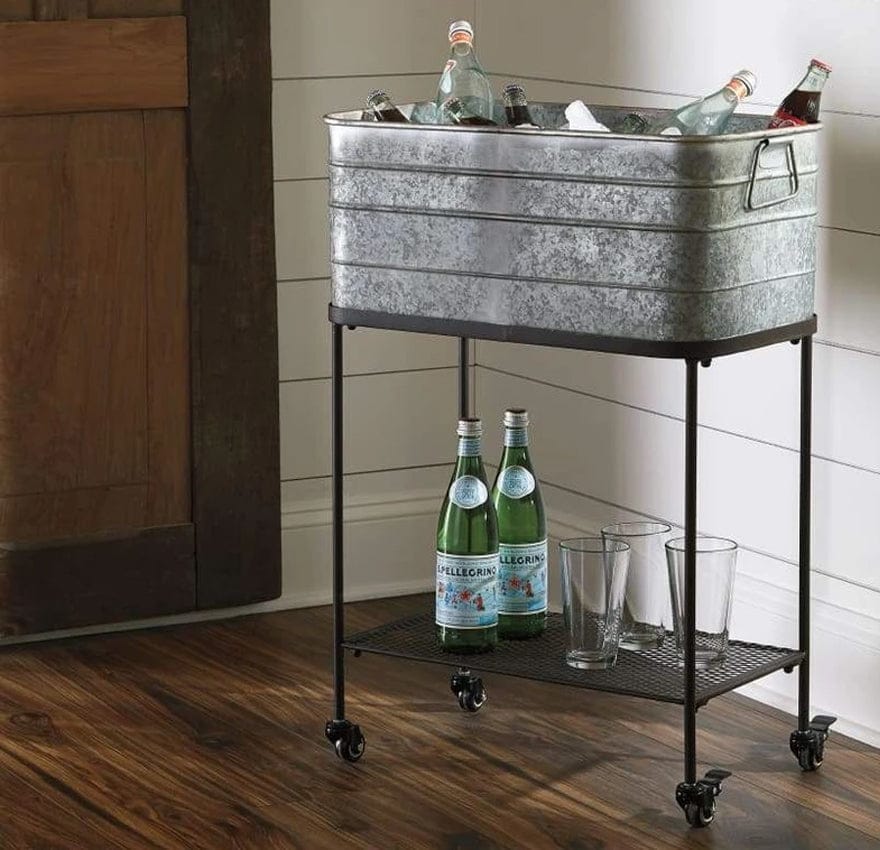 Rectangular Metal Beverage Tub with Stand and Open Grid Shelf