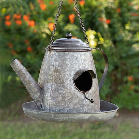 Decorative Metal Tea Pot Shaped Birdhouse With Hanging Chain