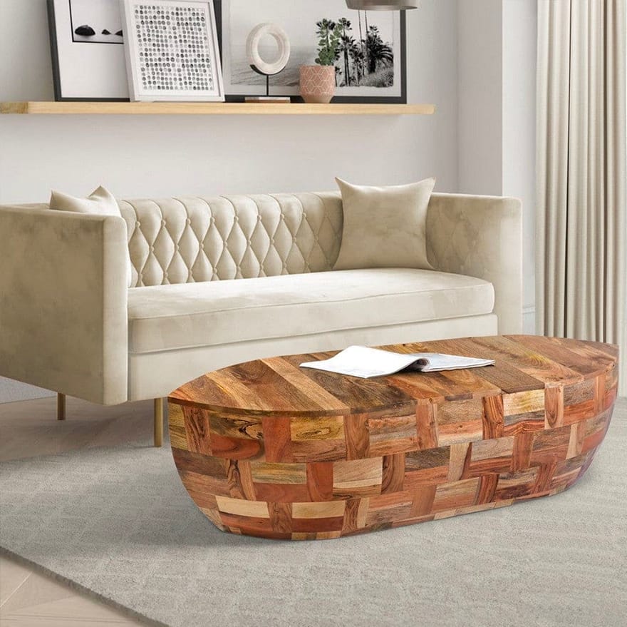 42 Inch Mango Wood Oval Canoe Shape Coffee Table