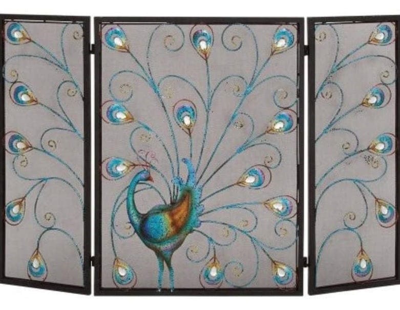 Peacock Themed Metal 3- Panel Fireplace Screen