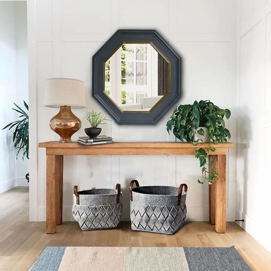 32 Inch Octagonal Shape Wooden Floating Frame Flat Wall Mirror