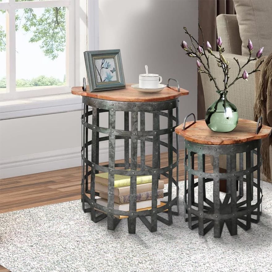 Industrial Grid Base End Table with Wooden Lid
