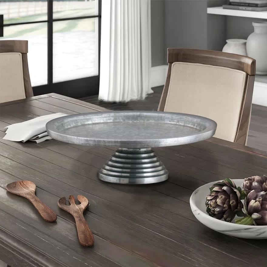 Round Galvanized Metal Cake Stand with Rippled Pedestal Base