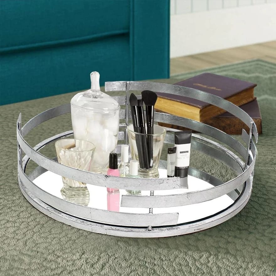 Round Metal Tray with Mirror Panel