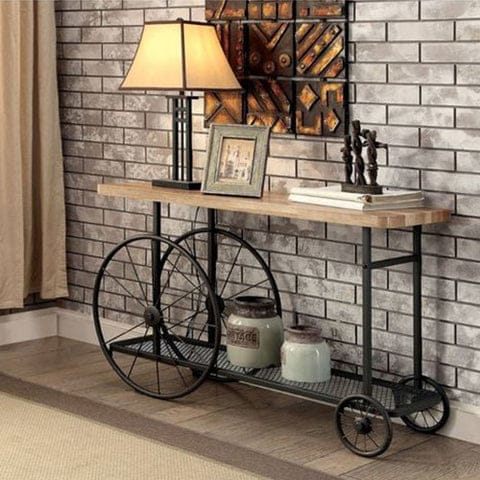 Sofa Console Table With Wooden Top And Metal Wheels Base