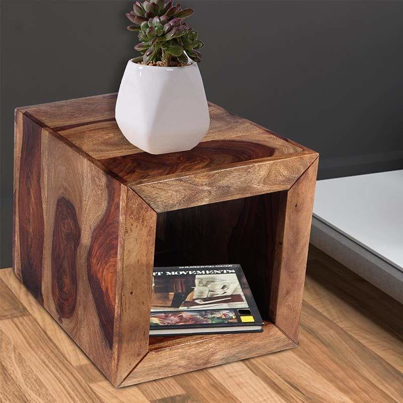 Cube Shape Rosewood Side Table With Cutout Bottom