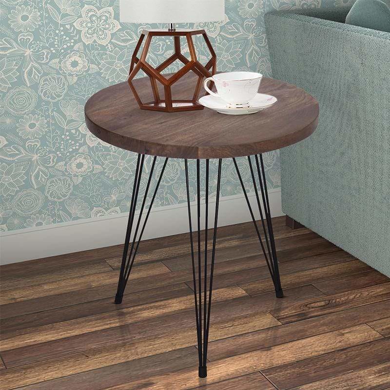 Industrial Style Round Top End Table With Metal Wire Style Legs