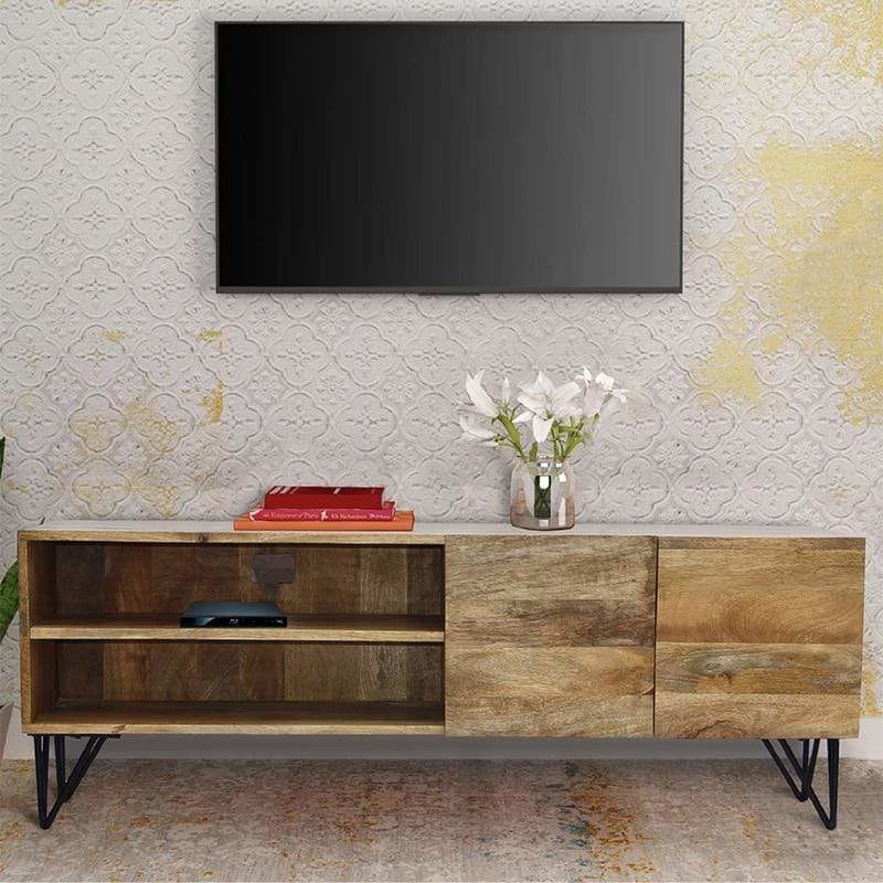 Industrial Style Mango Wood and Metal TV Stand With Storage Cabinet