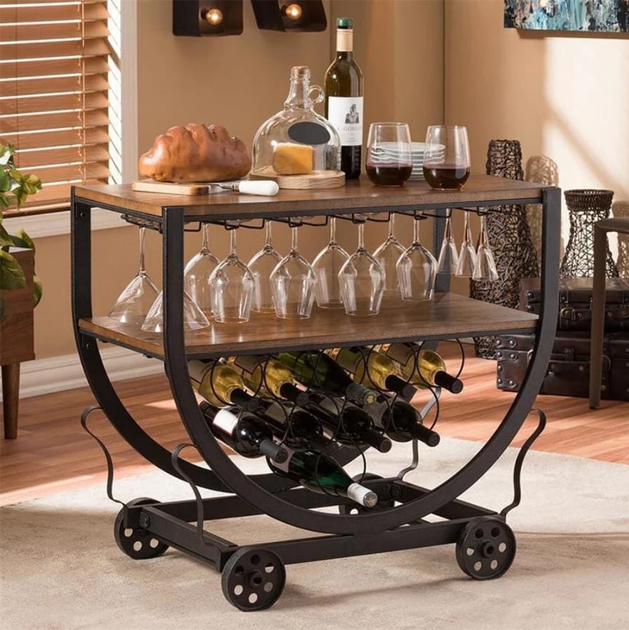 Triesta Antiqued Metal And Wood Wheeled Wine Rack Cart