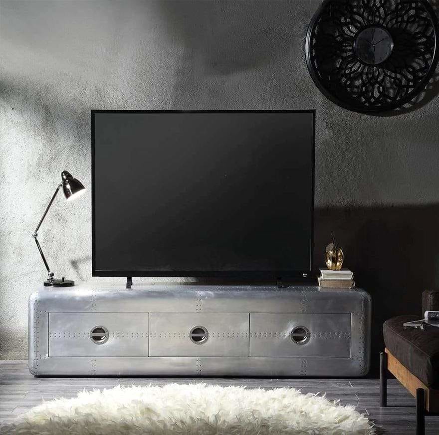 Wooden TV Stand with Aluminum Patchwork and Three Spacious Drawers