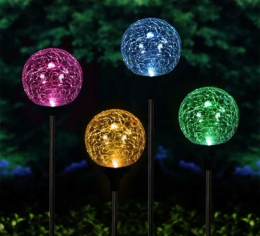 Crackle Glass Ball with Metal Stake and Solar Powered LED