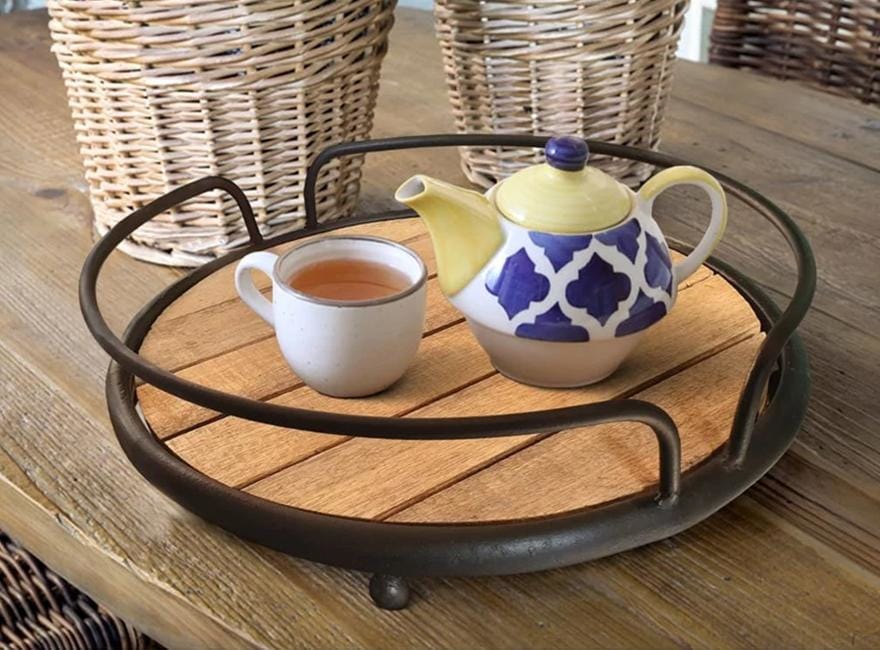 Round Tubular Metal Frame Tray with Plank Style Wooden Base