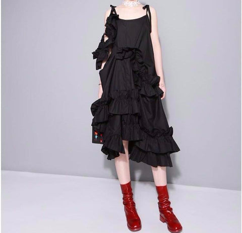 Alvarez Asymmetrical Ruffle Dress - Black