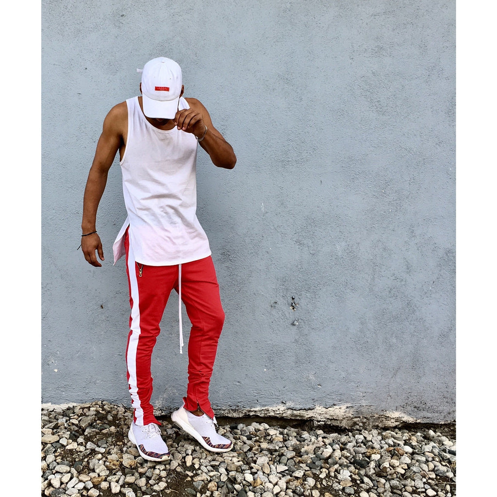 red and white striped track pants